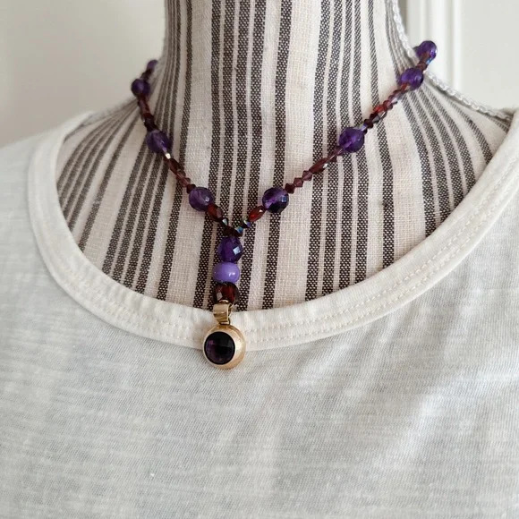 14K Gold Necklace Amethyst Garnet & Jade Beads Vintage Short Lariat Italy